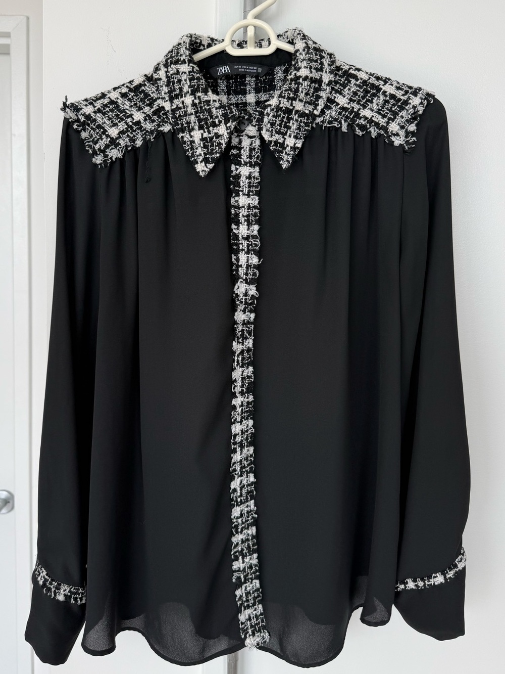 Zara Black and White Tweed Accented Blouse